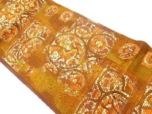 丸文に狩猟人物・花々模様織出し名古屋帯